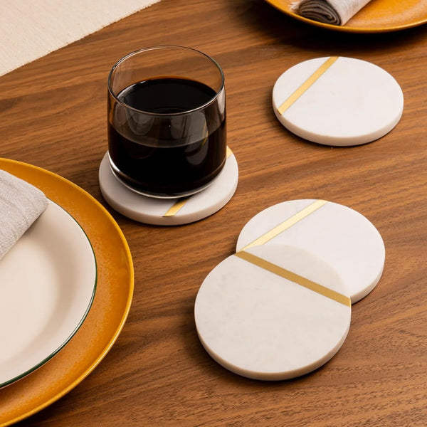 Marble Coasters with Gold Brass Inlay, White, Set of 6 | Real Natural Semi Absorbent Stone, Modern Luxury Decor for Coffee Table, Office Desk or Bar Cart2