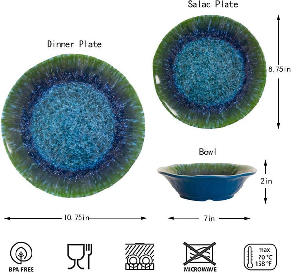 Melamine Dinnerware Set 12 PCS Teal Turquoise Tableware Plates Bowls Blue Green Dishwasher Safe Not Microware Not Oven2