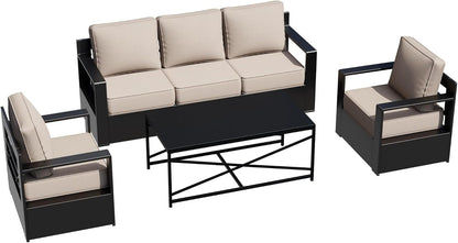 Outdoor Aluminum Furniture Set, 4-Piece Patio Conversation Set, 2 Chairs, 1 Sofa and 1 Table, All-Weather Metal Frame, 6" Thick Removable Cushions, Deep Setting for Garden, Poolside and Porch8