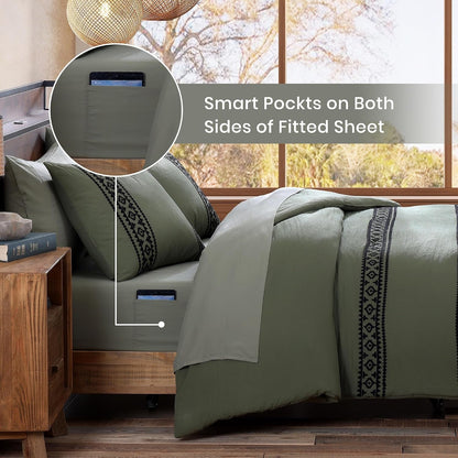 Embroidery Queen Comforter Set 7 Pieces Olive Green Bed in a Bag5