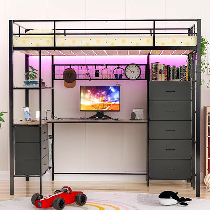 Twin Size Loft Bed with L Shaped Desk, RGB LED Lights & Power Outlet, Metal Loft Bed Frame with 8 Fabric Drawers, Open Shelves & Hanging Hooks, Gaming for Teens Kids Bedroom, Black9