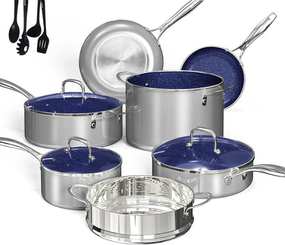 Deluxe  14PC Healthy Pots and Pan with 9H Anti-Scratch Coating, 2-Layer Non-Stick Ceramic&Pfas Free, Sensitively&Evenly Induction Cooking, Enhanced Flavor with Infrared Cookware, Dishwasher Safe1