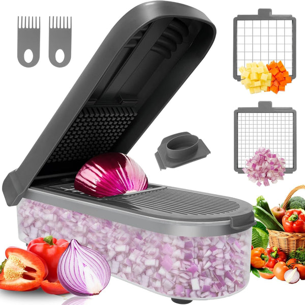 Multifunctional Food Chopper - Onion, Vegetable Slicer Dicer Cutter, Potato Cutter - Veggie Chopper with Container (4 in 1, Grey)1
