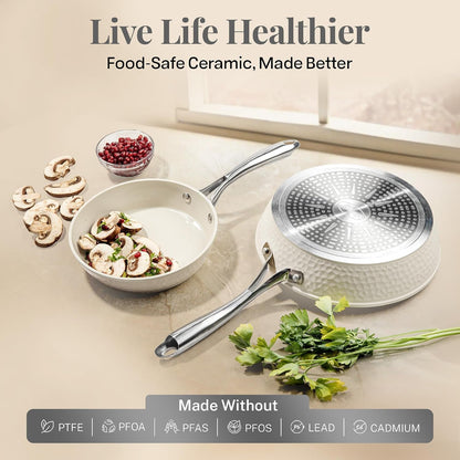 Hammered 10 Inch Non Stick Frying Pans with Lid, Frying Pans Nonstick with Lid, Non Toxic PFOA PFOS Free, Skillet Pan for Cooking, Induction Oven and Dishwasher Safe – Cream3