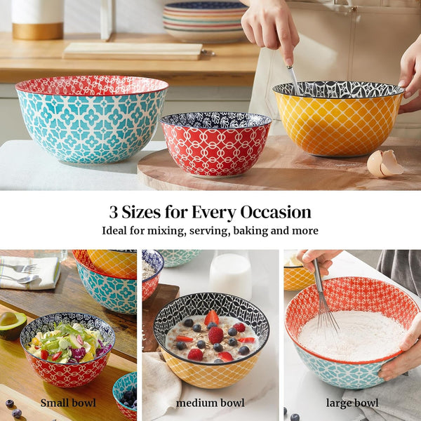 Mixing Bowls, Ceramic Mixing Bowls for Kitchen, Colorful Vibrant Nesting Bowls for Cooking, Baking, Prepping, Serving, Salad, Housewarming Gift, Microwave Dishwasher Safe, 3.7/2/1 Qt, Set of 34
