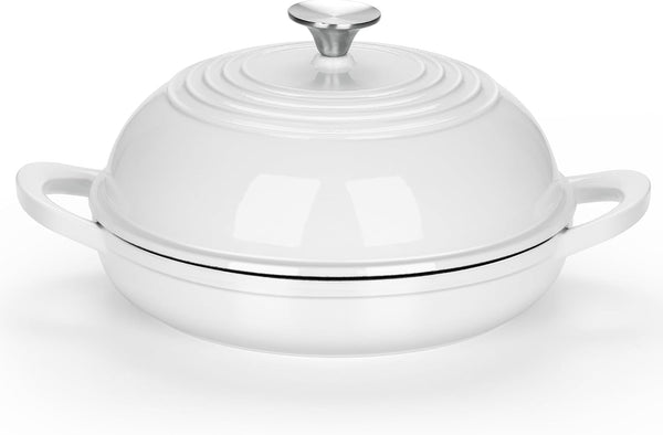Dutch Oven for Sourdough Bread Baking, 6 Qt round Enameled Cast Iron Dutch Oven for Homemade Artisan Bread, Dome Lid & Shallow Base, Matte Black Interior & Durable, Oven-Safe to 500℉, White1