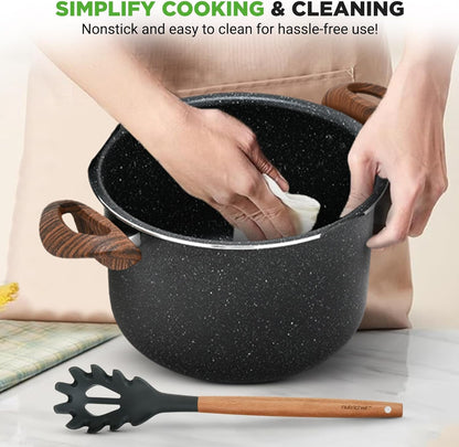 5Qt Pasta Pot with Strainer Lid & Pasta Fork | Non-Stick Cooking Pot | Lockable Lid, Heat Resistant Handles | Even Heat Distribution | Easy Clean | Black Marble6