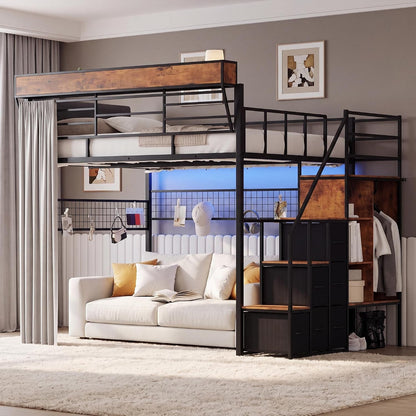 Full Loft Bed with Stairs, Storage, Headboard and LED Light (Black)1