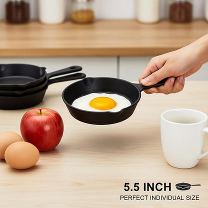 4 Pack Small Cast Iron Skillet, 5-1/2 Inch Frying Pans with Double Drip-Spouts for Stove, Oven, Grill Safe, Indoor and Outdoor Use, Non-Stick5