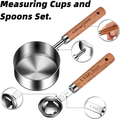Wooden Handle Measuring Cups & Spoons Set 8-Piece – Stainless Steel, Stackable, Rustic Farmhouse Kitchen Gadgets, Non-Toxic, Dishwasher Safe, Gift for Bakers & New Homeowners.3