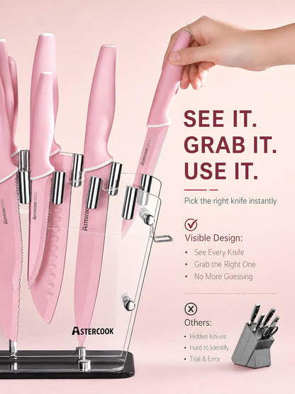 Knife Set with Clear Block and Sharpener 22Pcs Pink | Dishwasher Safe, Space-Saving Clear Knife Block, for Everyday Home Cooking4