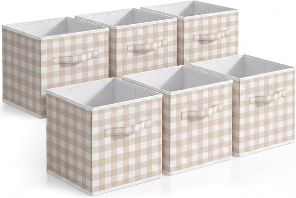 6 Pcs Beige Gingham Cube Storage Bins, 11 Inch Fabric Checkered Classroom Storage Bins Organizer with Handle Preppy Collapsible Cubby Basket for Classroom Home Nursery Playroom Bedroom1