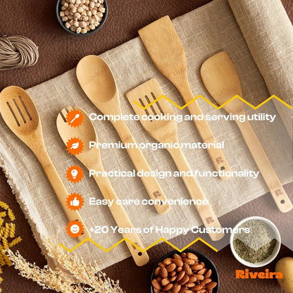 Bamboo Cooking Spoons 6-Piece – Wooden Cooking Utensils Set with Wooden Spoons for Cooking & Spatulas Wooden Utensil Sets – Premium Kitchen Utensils Set – Durable First Apartment Essentials6