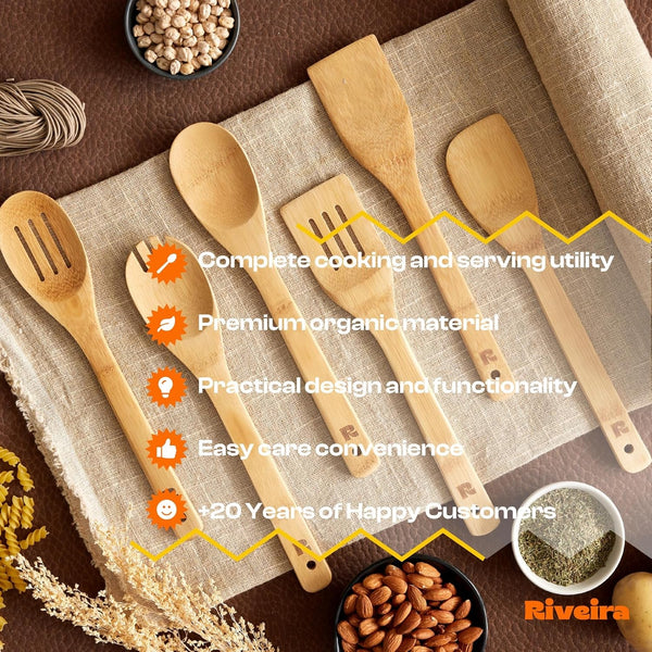 Bamboo Cooking Spoons 6-Piece – Wooden Cooking Utensils Set with Wooden Spoons for Cooking & Spatulas Wooden Utensil Sets – Premium Kitchen Utensils Set – Durable First Apartment Essentials6