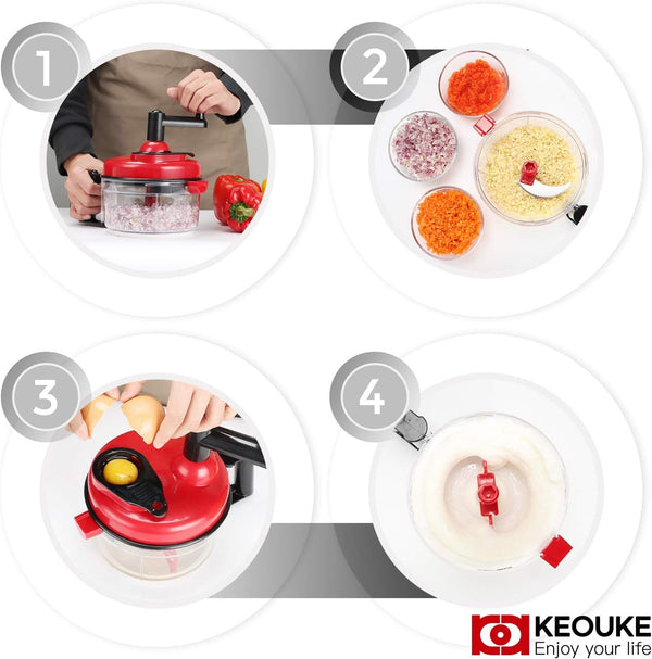 Hand Crank Food Chopper Red - Manual Food Processor with Egg Separator, Labor-Saving, Easy to Clean, Large Vegetable Mixer Blender for Onion, Garlic, Salad, Salsa, Nuts, Meat, Fruit, Etc3