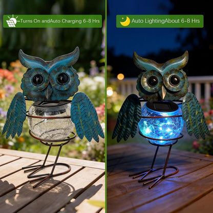 Solar Lights Outdoor Garden Owl Decor, Vibrant Blue Metal Owl Solar Light Waterproof with Glowing Crackle Glass Globe, Yard Art Statue for Lawn Porch Patio Garden Gifts7