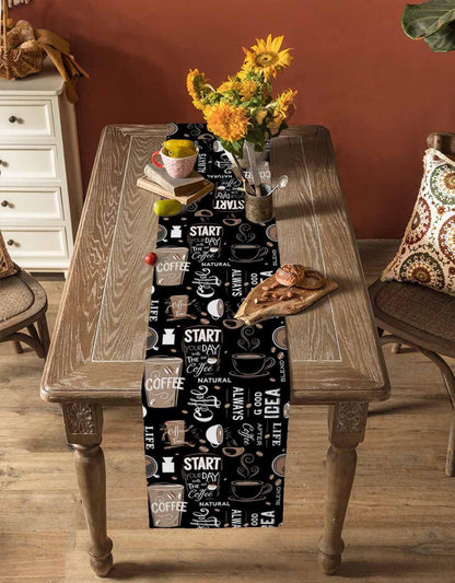 Coffee Theme Table Runner - 72 Inch Long Farmhouse Retro Black Cotton and Linen Blended Dress Scarves Table Runner for Kitchen Dining, Coffee Table, 13" X 725
