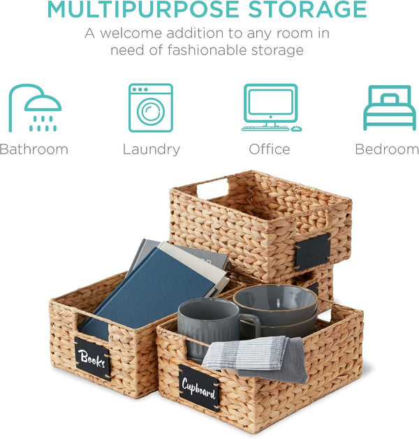 Set of 4 9X12In Water Hyacinth Pantry Baskets, Woven Organizers W/Chalkboard Label, Chalk Marker - Natural6