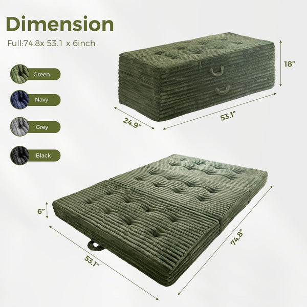 Floor Sofa Couch, 6 Inch Tri-Fold Floor Sofa Bed, Folding Mattress with Handles, Soft Faux Fur Folding Bed with Supportive Foam Filling, Portable Couch for Living Room, Full, Dark Green2