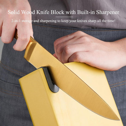 8Pcs Luxury Gold Kitchen Knife Set with Wooden Block,Elegant Gifts | High Carbon Stainless Steel Titanium Coated Chef Knives with Sharpener,Disherwash Safe,Housewarming Gift for Kitchen Decor4
