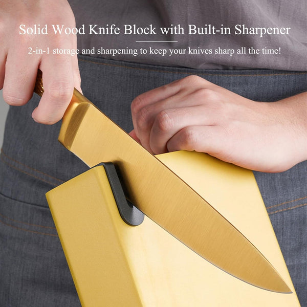 8Pcs Luxury Gold Kitchen Knife Set with Wooden Block,Elegant Gifts | High Carbon Stainless Steel Titanium Coated Chef Knives with Sharpener,Disherwash Safe,Housewarming Gift for Kitchen Decor4
