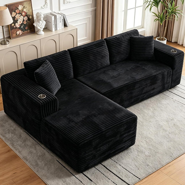 Cloud Sectional Boneless Couches for Living Room,Modular Sectional Sofa with 2 Cup Holders,Memory Foam Cloud Couch with L Shaped Oversized Chaise,No Assembly Needed Plush Corduroy Sofa,Black1