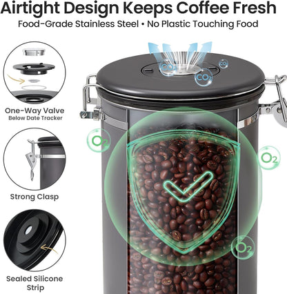 Coffee Canister,39Oz, 2.2Lbs,Large Airtight Stainless Steel Container4