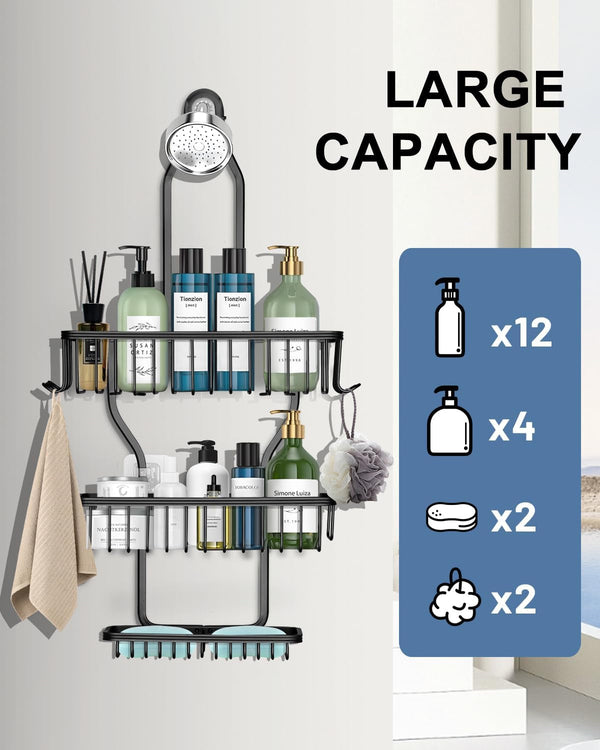 Shower Caddy Hanging - Never Rust Shower Hanging Organizer - Aluminum over the Showerhead Caddy with Soap Basket and 6 Hooks for Razor/Sponge (Black)7
