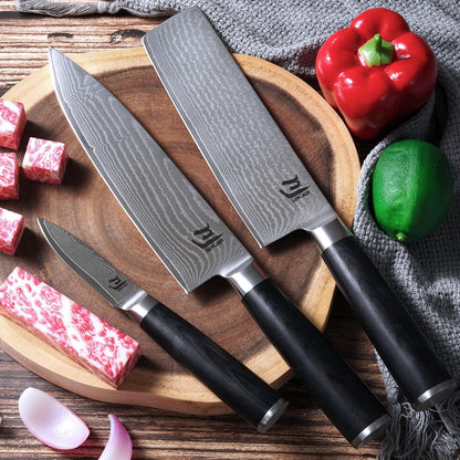 3-Piece VG-10 Damascus Kitchen Knife Set with Double-Sided Sharpening Stone – Nakiri, Chef & Paring Knives, 67-Layer Tsunami Wave Pattern, Black Pakka Wood Handles, 60±2 HRC (3-Piece-Set)3