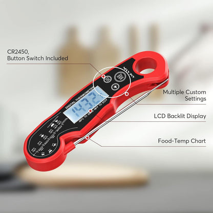 Meat Thermometer Digital for Grilling and Cooking -  Waterproof Ultra-Fast Instant Read Food Thermometers with Backlight & Calibration for Kitchen, Deep Fry, BBQ, Grill(Red/Black), LCD3