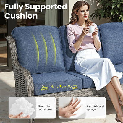 5-Piece Patio Furniture Set with Swivel Chairs Side Table, Outdoor Wicker Sofa with 42" Fire Pit Table, High Back Couch Modern Conversation Sets, Grey Rattan, Denim Blue7