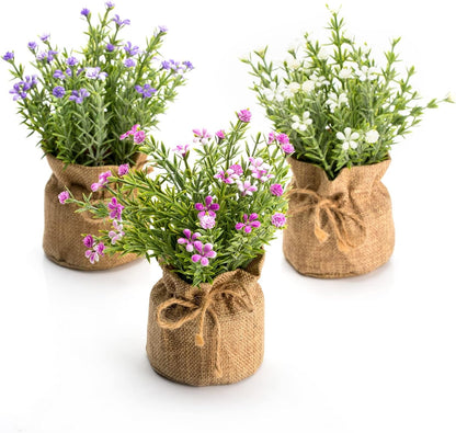Babys Breath Artificial Flowers in Small Burlap Bag Vases 3Pcs -Gypsophila Faux Flowers Farmhouse Home Coffee Table Bookshelf Office Desk Decorations Kitchen Dining Room Fake Plants Indoor1