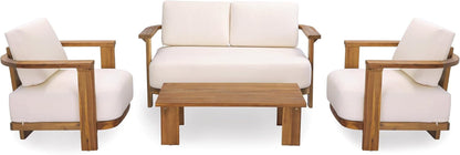 Stella Acacia Wood 4 Piece Patio Furniture Set, Wooden Patio Conversation Set with Club Chair+Coffee Table, 4-Seater Outdoor Loveseat Sofa + Armchair and Table Set, Teak+Beige4