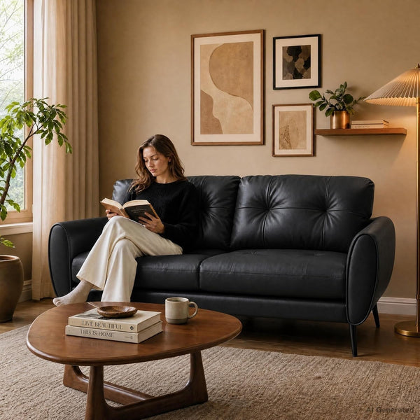 61'' Black Faux Leather Loveseat, Small Tufted Couch for Living Room7