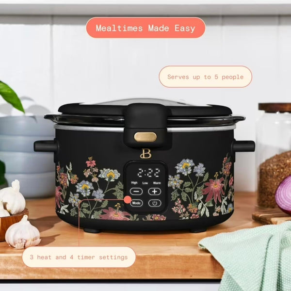 4 Qt Programmable Slow Cooker with Hinged Locking Lid, Wildflower Black Sesame by Drew Barrymore6