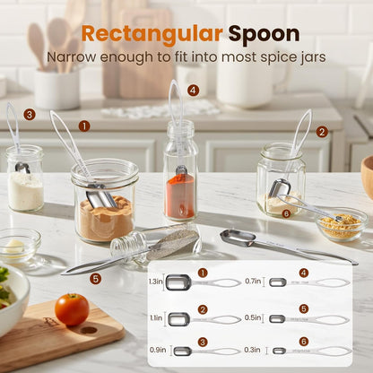 6PCS Narrow Measuring Spoons Set, Stainless Steel Measuring Spoon Fits in Spice Jars, Metal Teaspoon Measuring Spoons, Rectangular Tablespoon, Long Measuring Spoons for Dry & Liquid Ingredients3