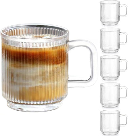 6 PACK Premium Glass Coffee Mugs with Handle, 12 OZ Classic Vertical Stripes Glass Coffee Cups, Transparent Tea Cup for Hot/Cold Beverages, Glassware Set for Americano, Latte, Cappuccino1