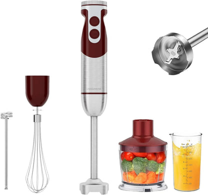 5-In-1 Immersion Hand Blender Set with Variable Speed, 400W, Stainless Steel - Includes Chopper, Whisk, Milk Frother, and Beaker - Ideal for Soups, Smoothies, Baby Food & More (RED)1