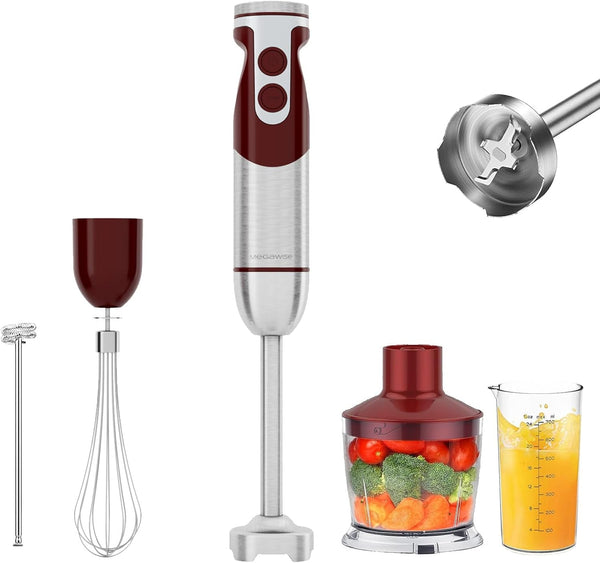 5-In-1 Immersion Hand Blender Set with Variable Speed, 400W, Stainless Steel - Includes Chopper, Whisk, Milk Frother, and Beaker - Ideal for Soups, Smoothies, Baby Food & More (RED)1