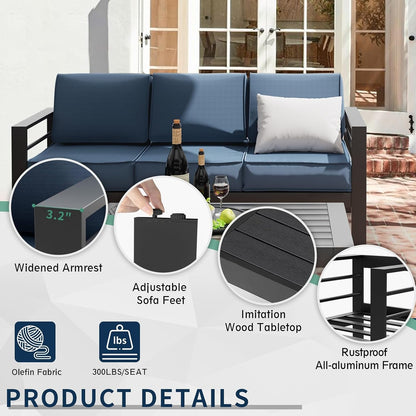 Aluminum Patio Furniture, 8 Pieces Metal Outdoor Furniture Set, Modern Patio Sofa Sets Outdoor Sectional for Pool, Garden, Dark Grey&Blue (Included Waterproof Covers)2