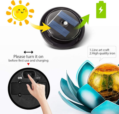 Solar Light Outdoor Garden Decor Blue Metal Crackle Globe Glass Waterproof LED Lotus Flower Table Lamp Decorations for Patio Yard Porch Pathway Ground3