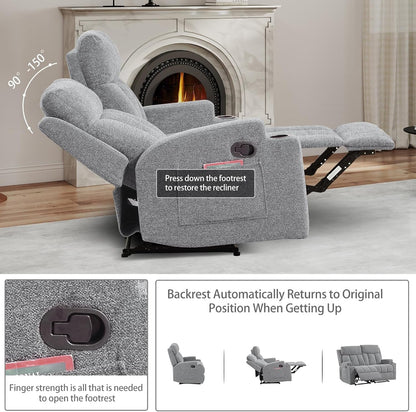 Manual Recliner Sofa Set, Soft Fabric Reclining Loveseat with Side Pockets and Cup Holders, 2 Seat Reclining Couch for Living Room, Office, Light Grey5