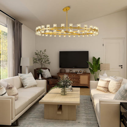 Modern 60 Inch Gold round Chandelier, Extra Large Chandeliers Crystal Chandeliers for Living Room, Large Wagon Wheel Chandelier for Foyer, Staircase, Entrance,Includes Bulb9