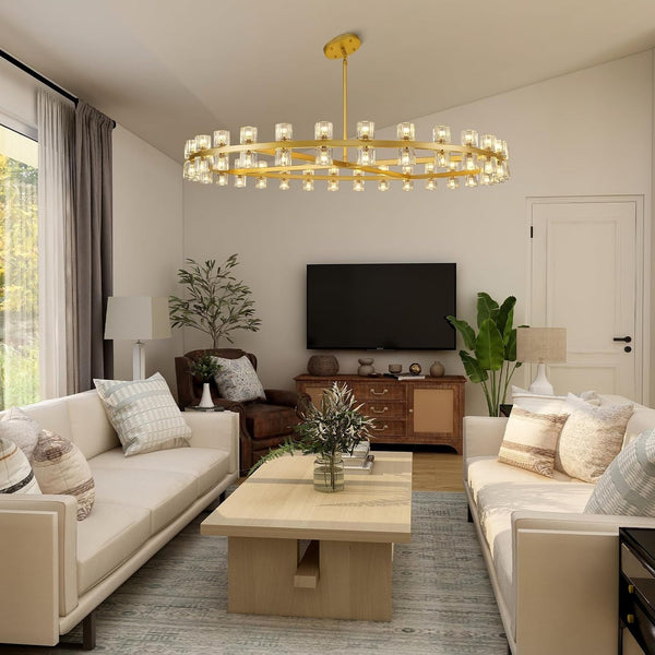 Modern 60 Inch Gold round Chandelier, Extra Large Chandeliers Crystal Chandeliers for Living Room, Large Wagon Wheel Chandelier for Foyer, Staircase, Entrance,Includes Bulb9