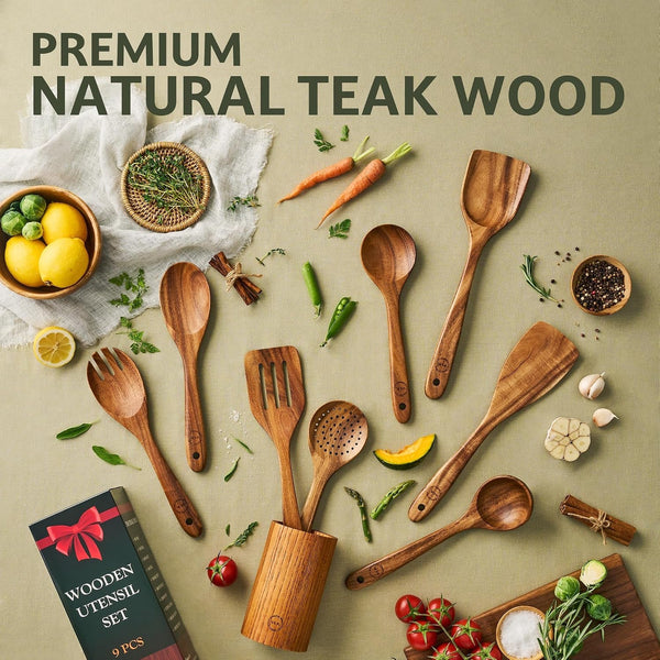 9-Piece Teak Wood Cooking Utensil Set with Holder2