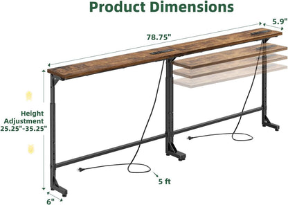 78.75” Console Table, Narrow behind Couch Table, Adjustable Sofa Tables with Outlet, for Living Room, Rustic Brown3