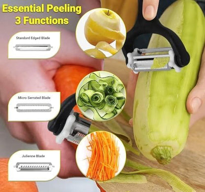 Julienne Peeler Vegetable Peeler - Potato Cabbage Fruit Cucumber Carrot Peeler and Julienne Shredder Tool for Kitchen - Multi-Function Stainless Steel Peeler Slicer Knife Julienne Set 3 in 17