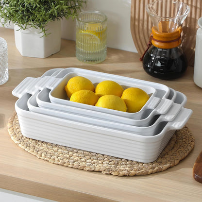 Casserole Dishes for Oven, Porcelain Baking Dish Set of 4 | Rectangular Lasagna Pans with Handles, Deep Bakeware, White (15''/13''/11.6''/9.6''), Oven Safe, Microwave Safe, Series BAKE9