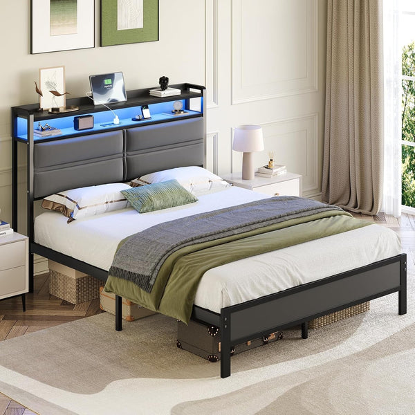 Full Bed Frame with LED Lights and Charging Station, Dark Grey7