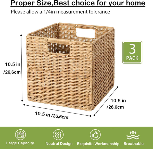 10.5 X 10.5 in Plastic Wicker Baskets for Cube Storage, Collapsible Square Wicker Storage Basket Set of 3, Rattan Storage Cube, Square Baskets for Shelves - Khaki5